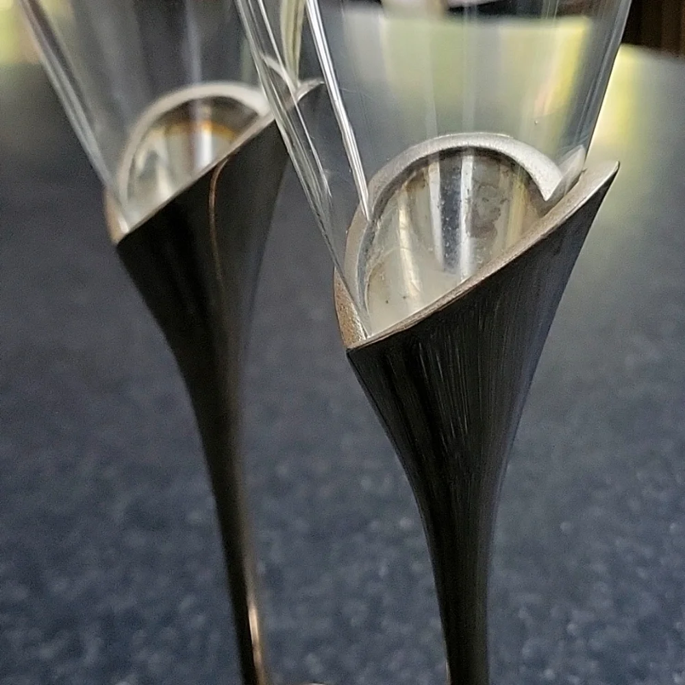 2 LENOX Crystal Champagne Flute Wedding Anniversary Silverplate Stems Heart Vtg